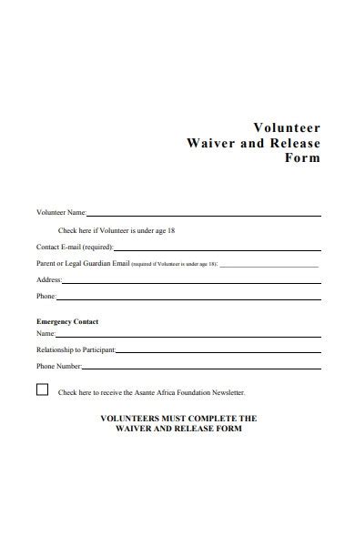 Printable Volunteer Waiver Form